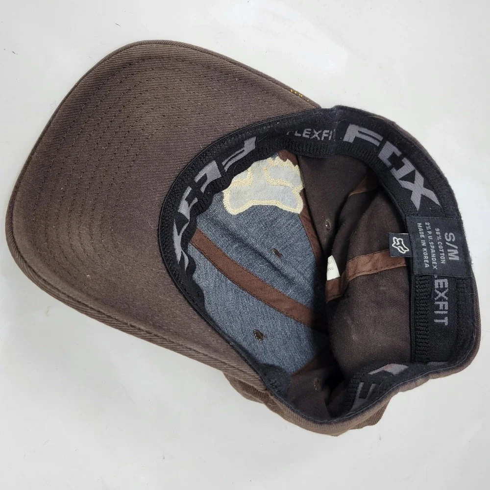 Fox Racing Flexfit Hat Brown Embroidered Logo Baseball Cap Mens S/M Distressed